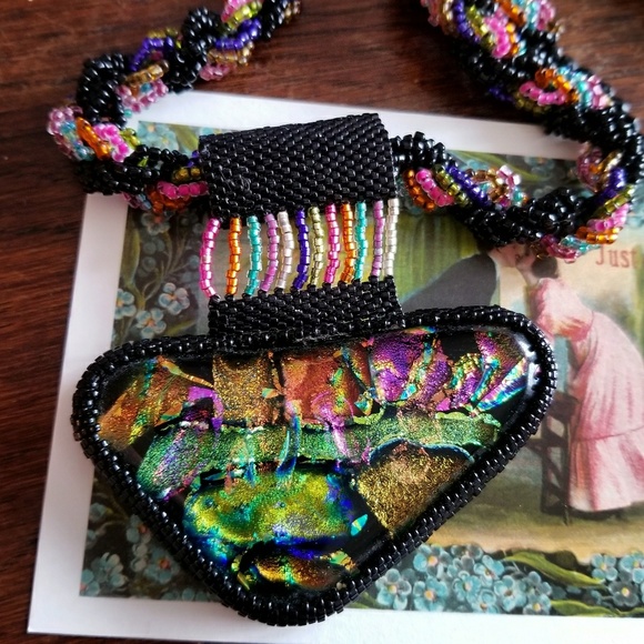 Relisted... Big Handmade Dichroic Glass necklace peyote colorf - Picture 2 of 8